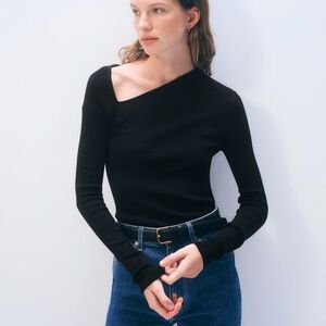 WHITE & WARREN Asymmetrical Black Long-Sleeve Knit Top